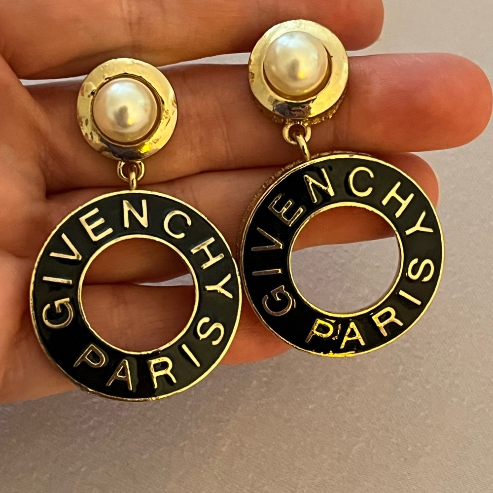 Givenchy Black and Gold Hoop Earrings with Pearl Studs